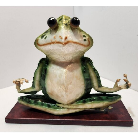 Metal Yoga Meditation Frog Decor on Wooden Base 7.5" Tall by 10" Long - Picture 1 of 14